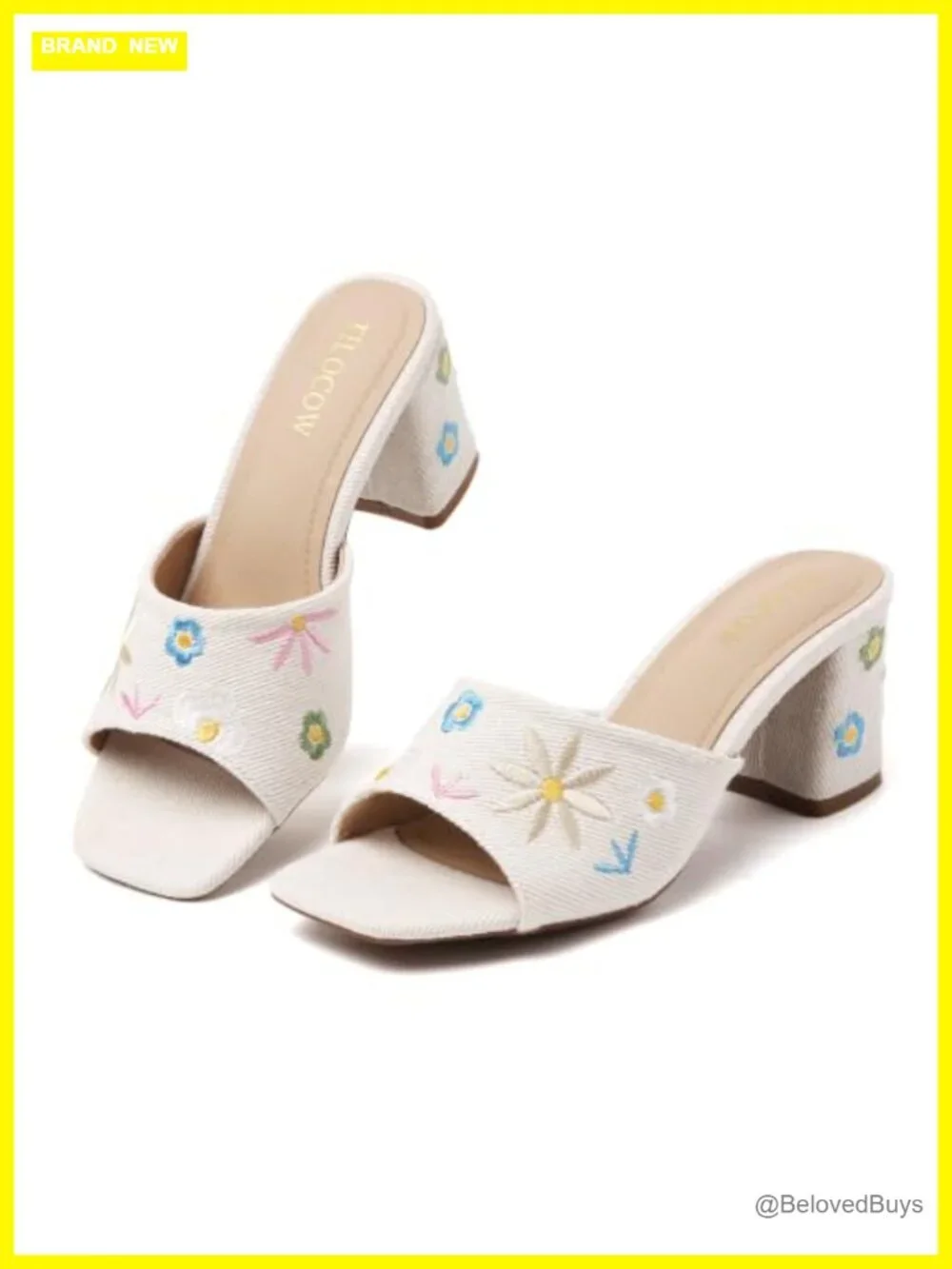 Embroidered Square Toe Block Heel Mules Slip On Sandals Summer Boho